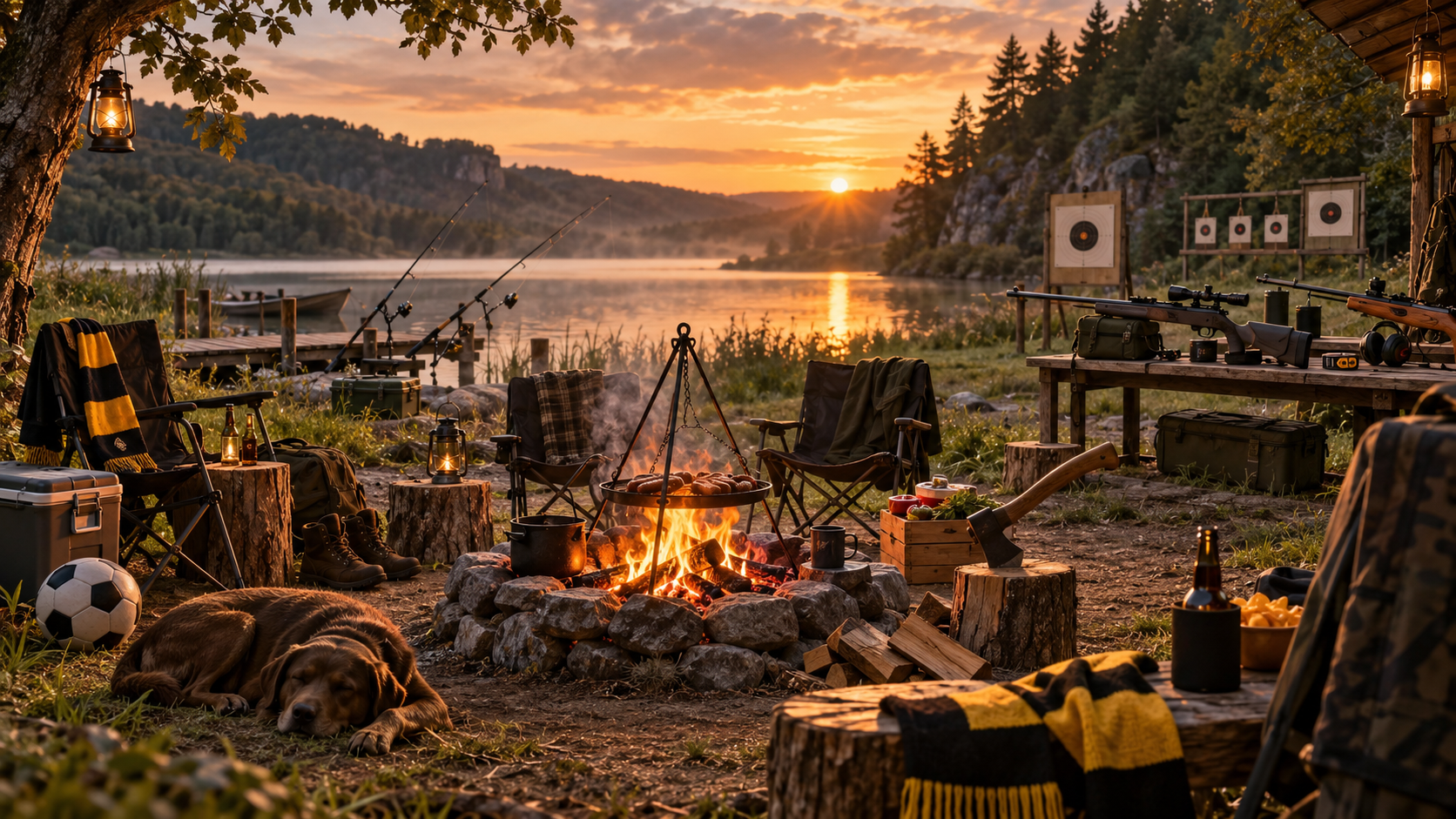 Lagerfeuer, Angeln, Freizeit, Fußball und Schießsport am See